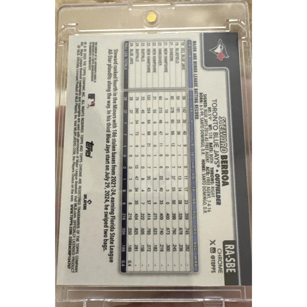 2025 Topps chrome Steward Berroa Auto RC Toronto Blue Jays RC On Card Auto